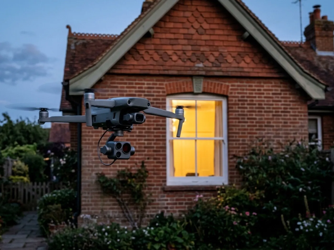 A grey folding survey drone carrying a visual and thermal camera gimbal, hovering beside a house gable end at dusk