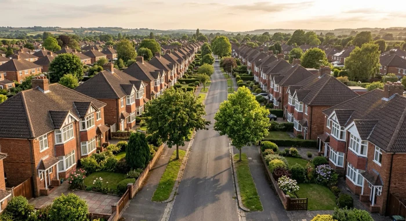 Aerial view of a 1930s suburban street with cavity-wall semi-detached houses, bay windows and hipped tiled roofs