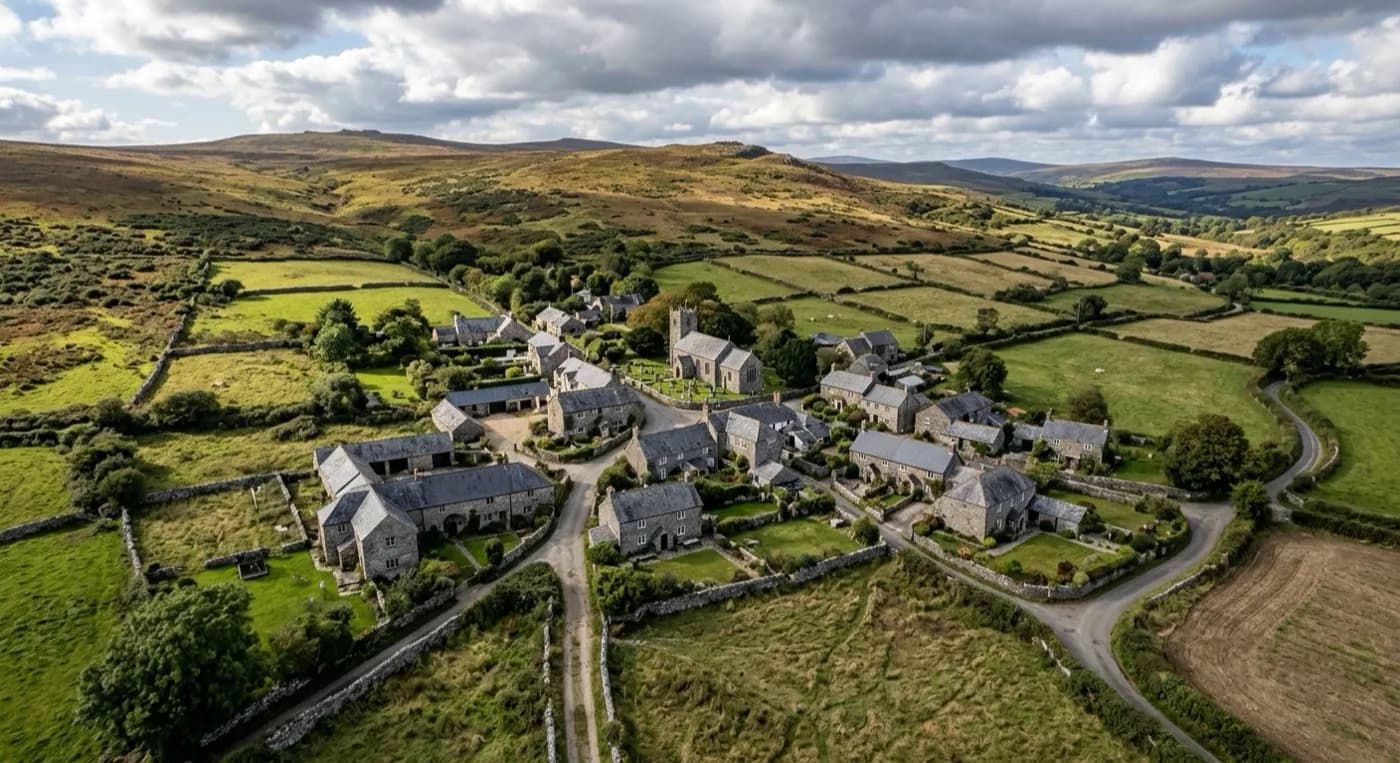 Aerial view of a Devon moorland-edge village with granite and cob farmhouses among stone-walled fields