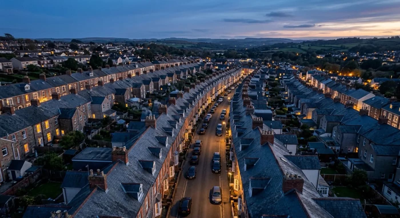 Aerial view of a dense Victorian terraced street at dusk, solid brick walls and slate roofs with warm light in the windows