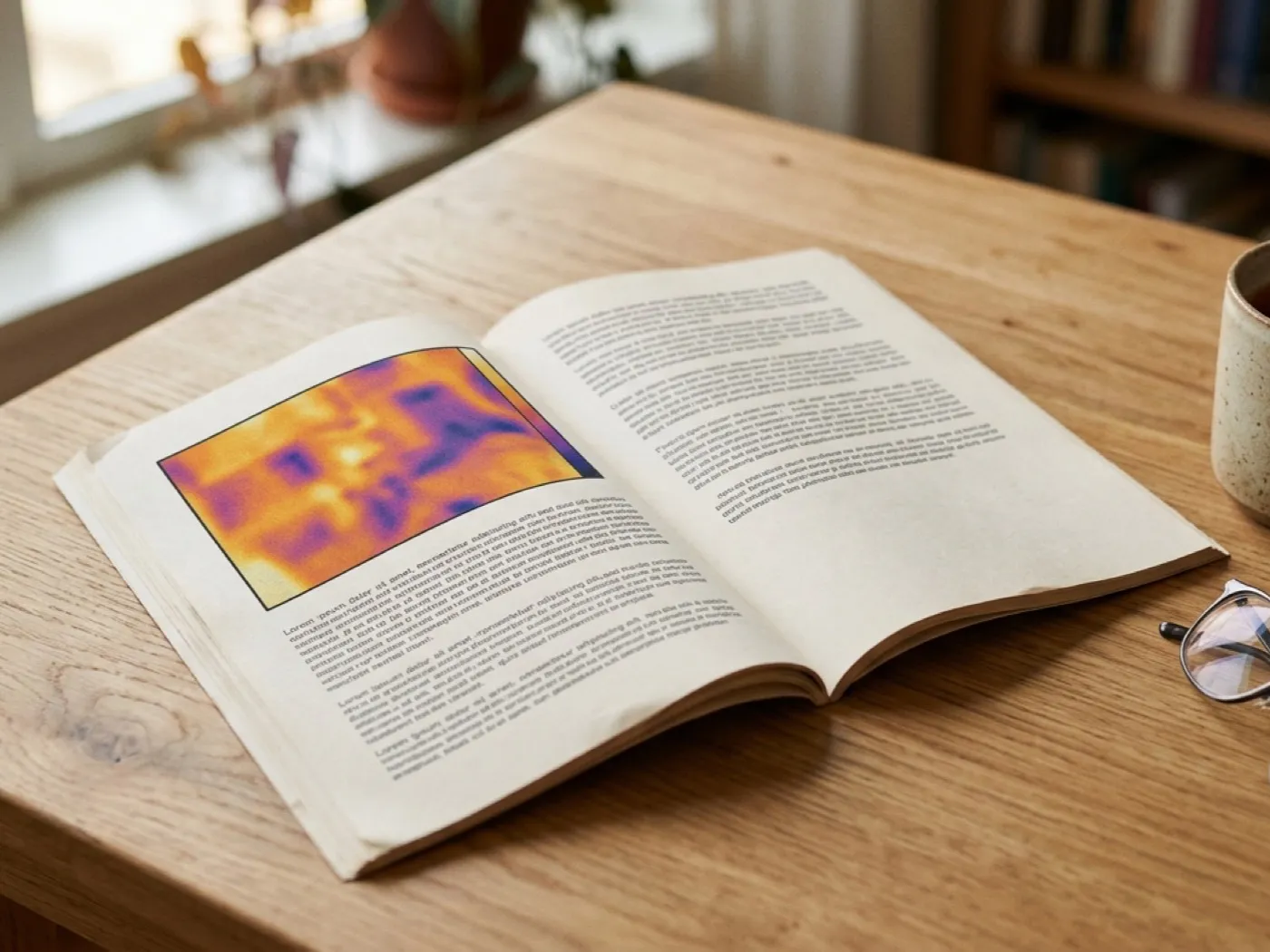 A printed thermal survey report open on an oak desk beside reading glasses and a mug of tea