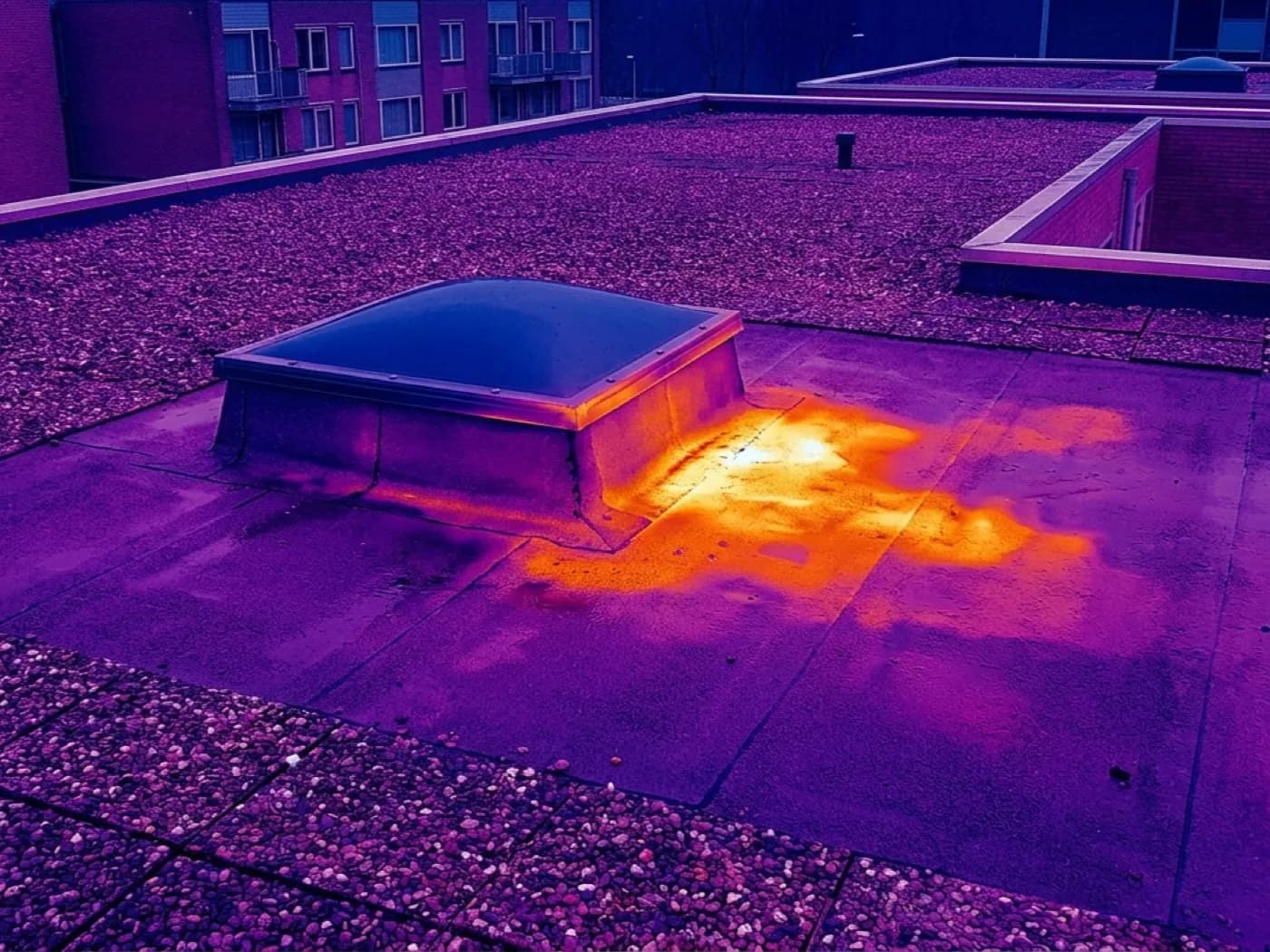 Overhead thermal camera image of a flat roof showing an irregular warm zone near a rooflight, suggesting trapped moisture beneath the membrane
